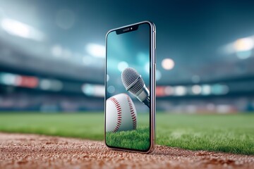 Smartphone with microphone on baseball field representing live sports podcast broadcasting commentary media production and modern digital sports journalism, Generative AI