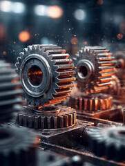 Gears in a huge mechanical assembly move as tools blur during operation in a workshop setting
