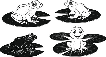 Cute frog sitting on lily pad black and white vector illustration set amphibian nature cartoon character design