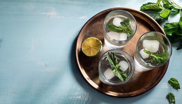 a tray with glasses of water in which cubes of one and mint float summery refreshing drink