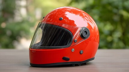 A bright red full face helmet with a clear visor rests on a wooden surface outdoors with a blurred green background