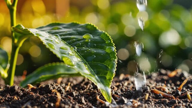 Nurturing Young Plants Watering Fresh Leaves for Growth and Vitality in a Natural Garden
