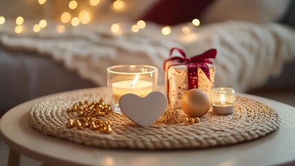 Cozy romantic atmosphere with glowing candles heart shape and gift box on table
