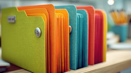 Colorful file organizer startup + deal + structure showcasing sorted document folders with vibrant orange teal green red