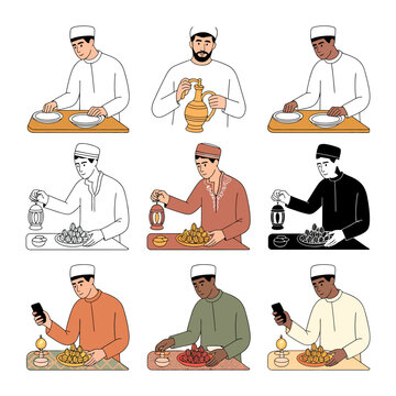 Ramadan Iftar Set: A compilation of illustrations showcasing individuals preparing for or participating in the Iftar meal, a cherished tradition during Ramadan.