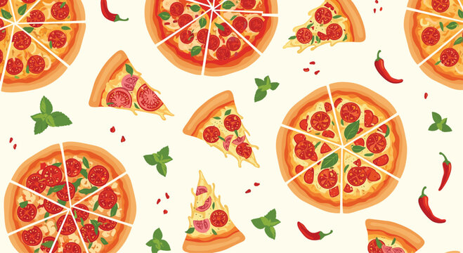 A delicious seamless food pattern of whole and sliced pepperoni pizzas with basil and chili peppers on a light yellow background.