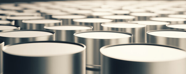 Industrial drums arranged in geometric formation with blurred edges in a manufacturing area
