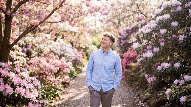 Happy non-binary person walking on a spring garden path surrounded by colorful blooming flowers, camera tracking backwards