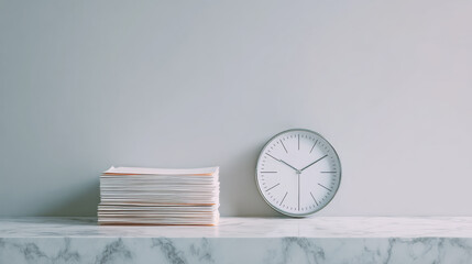 Stack of documents clock desk startup + deal + structure minimalist office scene conveying deadline pressure and focused