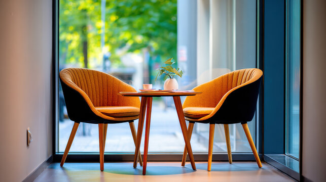 Startup + deal + structure cozy cafe seating with two orange chairs around small round table creating inviting meeting space