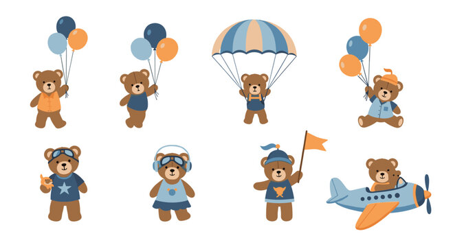 A delightful collection of cute teddy bear characters engaged in various activities like flying a plane, holding balloons, and parachuting for kids' designs.