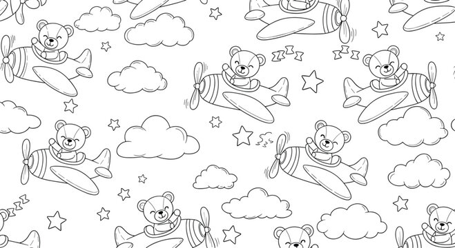 A seamless black and white pattern for coloring, featuring cute teddy bears flying airplanes among the clouds and stars, perfect for kids' textiles.