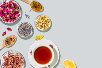 Self-Soothed Herbal Tea Composition with Rose Buds and Lavender for Mental Health Brands. Modern Aesthetic Concept of Holistic Healing and Calm Morning Rituals with Copy Space for Wellness