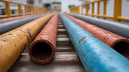 A row of colorful weathered industrial pipes with visible rust and textured surfaces receding into the distance