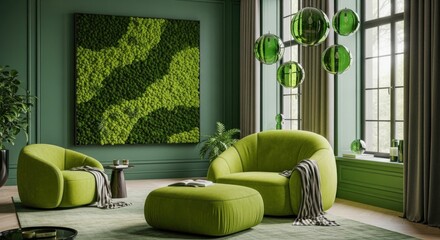 Modern green living room with vertical garden and unique lighting