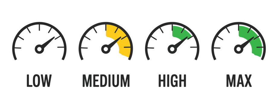 Analog Speed Level Indicators Set, featuring low, medium, high, and max dashboard gauge icons with colorful infographic dials for energy, power, and performance measurement design. vector