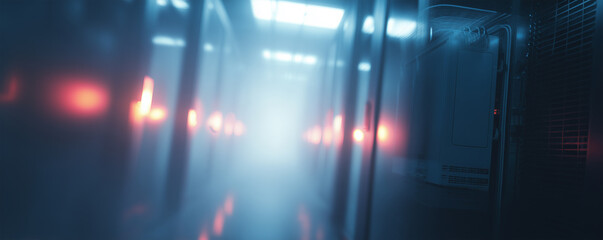 Corridor with glowing racks and fiber cables stretching endlessly in a dimly lit space