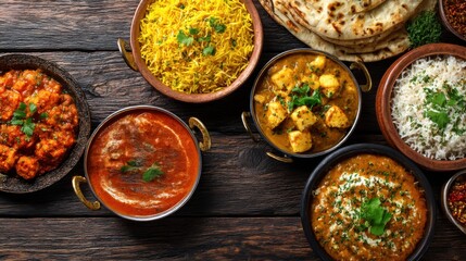 Assorted Indian food on wooden background. Dishes and appetizers of Indian cuisine. Group of Indian food Curry, butter chicken, rice, biryani, paneer 