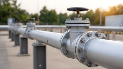 Fototapeta premium Industrial pipeline with multiple valves and joints stretches into the distance under the sky