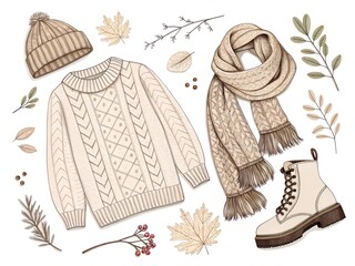 Cozy Fall Winter Knit Outfit Beanie Sweater Scarf Boots Leaves cozy, knit, sweater, beanie, scarf, boots, fall, autumn, winter, cable, beige, neutral, outfit, layering, leaves, foliage, branches
