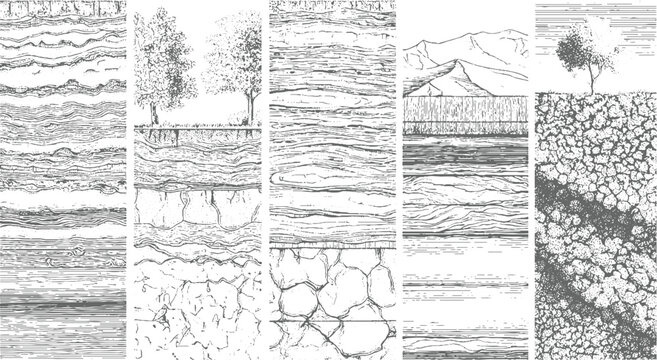 Detailed cross-sections illustrating geological strata soil layers and rock formations with trees and mountainous landscapes in a monochromatic style