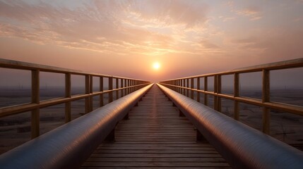 Obraz premium A long industrial pipeline stretches towards a dramatic sunset over an arid landscape symbolizing energy transport and progress