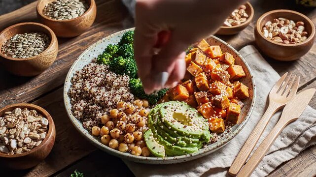 Nutritious Vegan Bowl With Quinoa, Broccoli, Sweet Potato and Avocado Delicious and Healthy Food