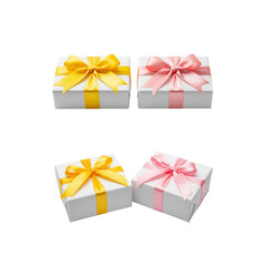Four decorated gift boxes with bows isolated on transparent background, isolated on white background, illustration