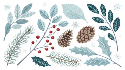 Winter Botanical Greenery Pine Holly Berries Cones Leaves Snowy Foliage winter, botanical, greenery, pine, holly, berries, cones, leaves, foliage, evergreen, spruce, fir, branch, twig, red, blue