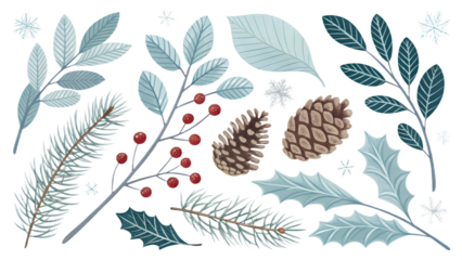 Winter Botanical Greenery Pine Holly Berries Cones Leaves Snowy Foliage winter, botanical, greenery, pine, holly, berries, cones, leaves, foliage, evergreen, spruce, fir, branch, twig, red, blue