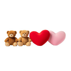 Two teddy bears with heart shaped pillows isolated on transparent background, isolated on white background, illustration
