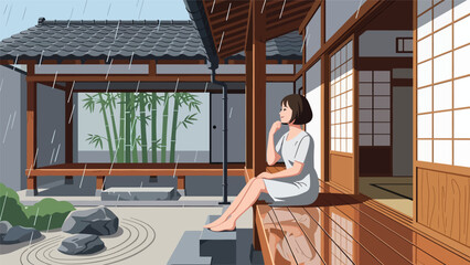 Vector illustration of a Japanese woman sitting on a veranda enjoying rain, peaceful traditional lifestyle moment