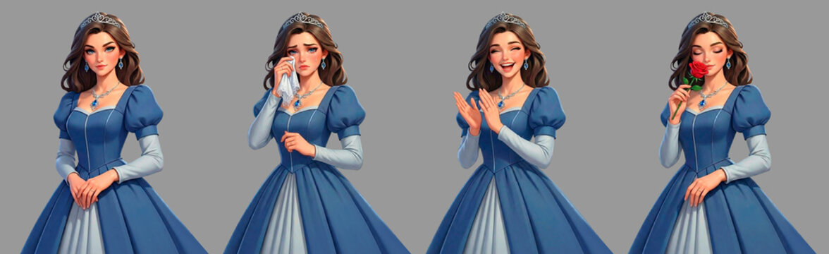 Brunette Princess Character Set in Blue Dress with Tiara, Multiple Emotions and Poses