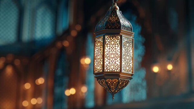 Ramadan Kareem Arabic calligraphy vector illustration, Islamic decoration with lanterns and crescent moon, elegant traditional style, clean lines, professional design