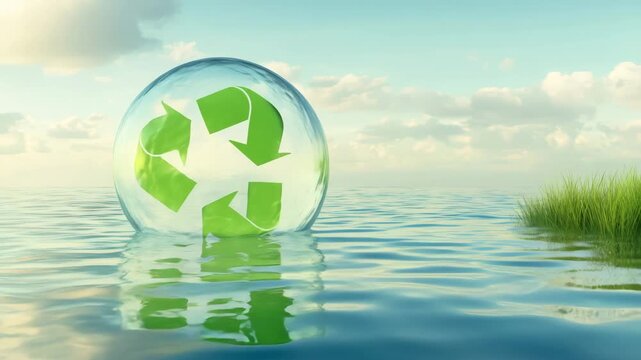 Recycle symbol floating inside crystal glass sphere on ocean water surface with green grass island under blue sky