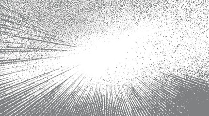 Abstract radial burst of gray lines and dots emanating from a bright white center creating energetic motion