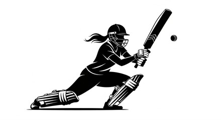 Female Cricket Batter Playing Dynamic Shot Silhouette Vector