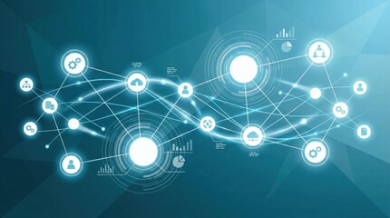 Abstract blue network with digital icons representing data flow,technology connection,cloud computing and futuristic communication system
