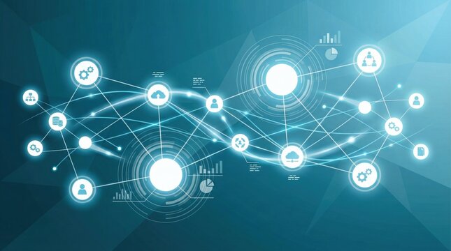Abstract blue network with digital icons representing data flow,technology connection,cloud computing and futuristic communication system - Powered by Adobe