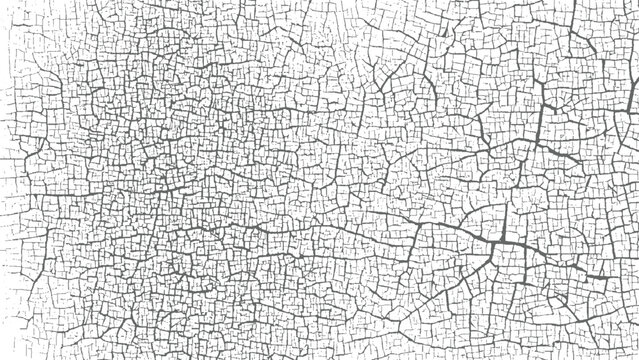 Cracked paint texture with a network of fine fissures and irregular polygonal shapes on a white surface evoking a sense of age decay and weathered imperfection for artistic use