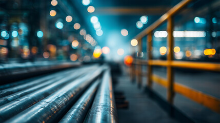 Production corridor showing overlapping pipes with blurred rivet plate in foreground and lighting effects from surroundings