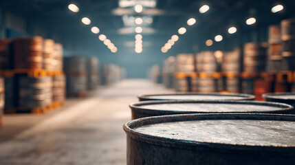 Metal barrels stacked in storage hall with light illuminating the space in the background