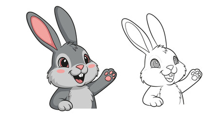 Fototapeta premium Couple of cute cartoon bunny rabbits waving hello presented in a colored grey version and a simple black and white outline for coloring.