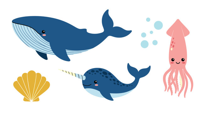 Cute ocean life illustration set featuring a blue whale a narwhal with a tusk a pink squid a yellow seashell and floating blue bubbles.
