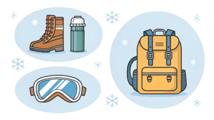 Hiking Boots Goggles Backpack Water Bottle Winter Adventure Gear hiking, boots, backpack, goggles, snow, ski, adventure, trekking, outdoor, gear, mountaineering, winter, trail, camping, exploration