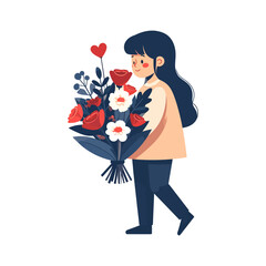A Smiling Young Woman Holds a Vibrant Bouquet of Roses and a Heart Flower