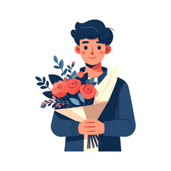 Smiling Young Man Holding a Beautiful Bouquet of Red and Blue Flowers
