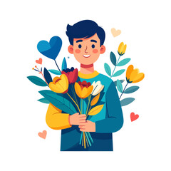 Smiling Young Man Holding a Colorful Bouquet of Flowers with Hearts