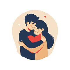 Loving Couple Embracing with a Red Heart in Flat Illustration Style