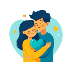 Loving Couple Embracing with a Teal Heart in a Flat Design Illustration